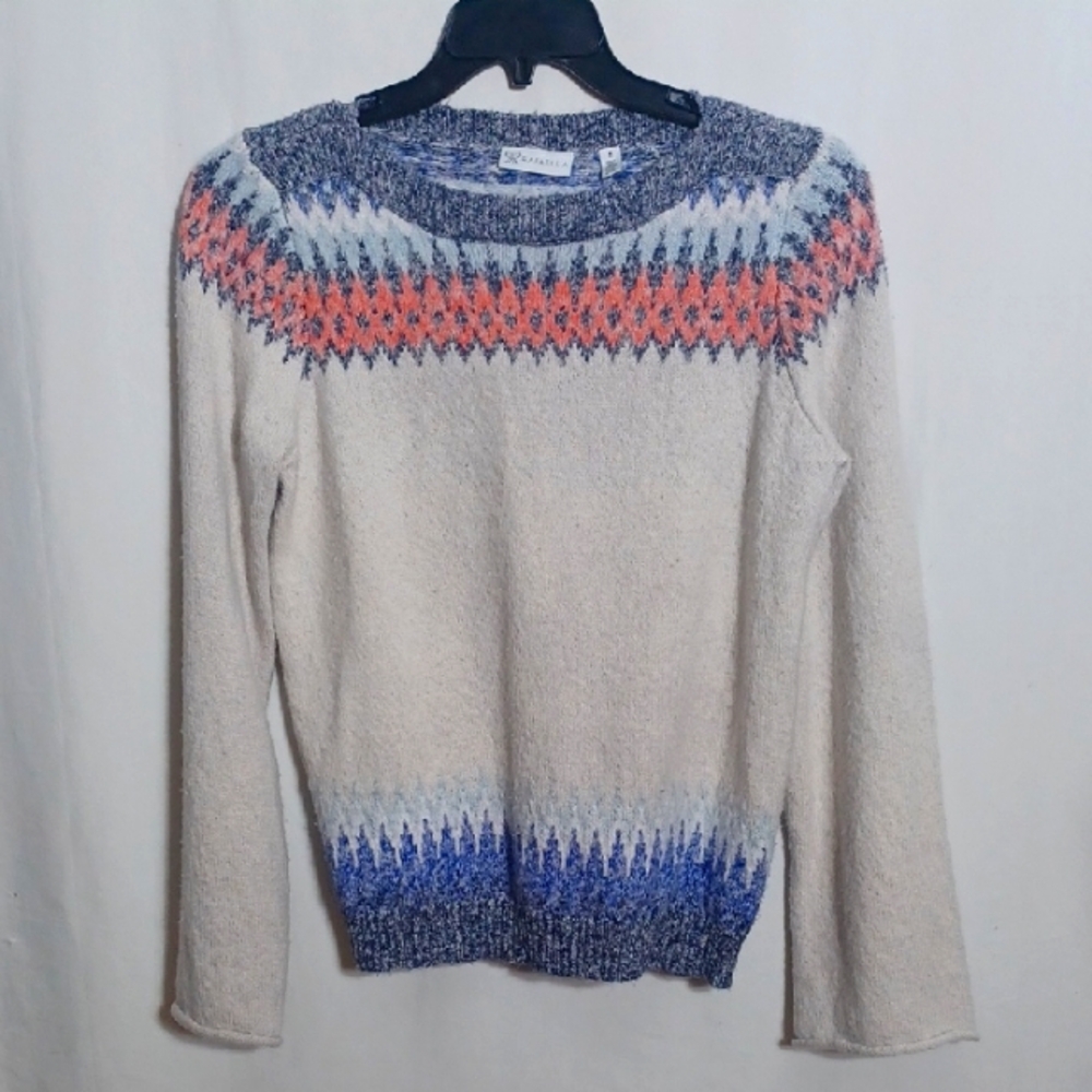 Rafaella Cream and Blue Patterned Sweater Size Medium